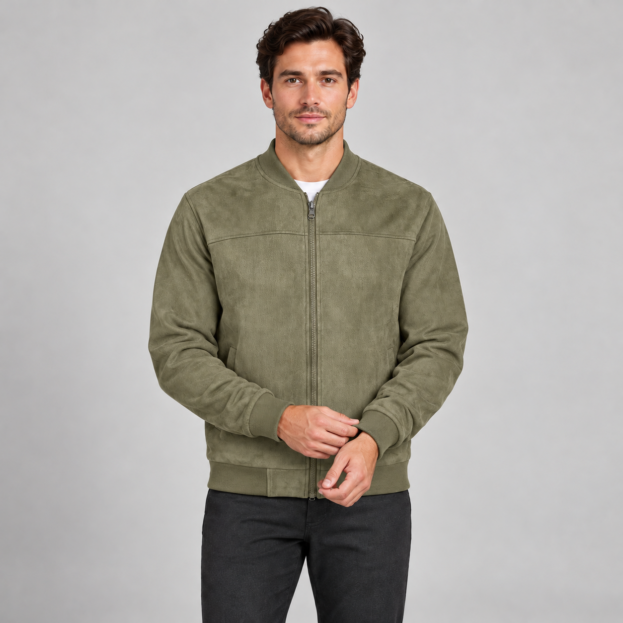 Male model wearing the Olive suede-look full-zip bomber jacket