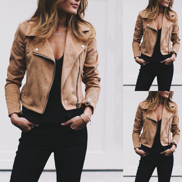 Women's Faux Suede Cropped Jacket with Lapel Collar and Asymmetric Zip