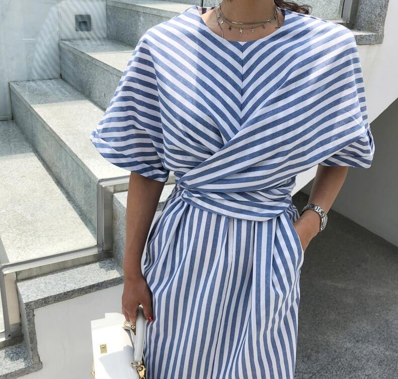 Women's Striped Cross-Tie Dress with Waist Cinch and Front Slit