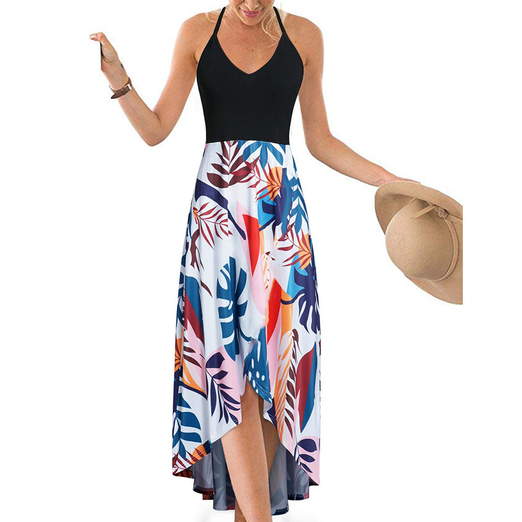 V-Neck Sleeveless Open-Back Colorblock Floral Print Maxi Dress