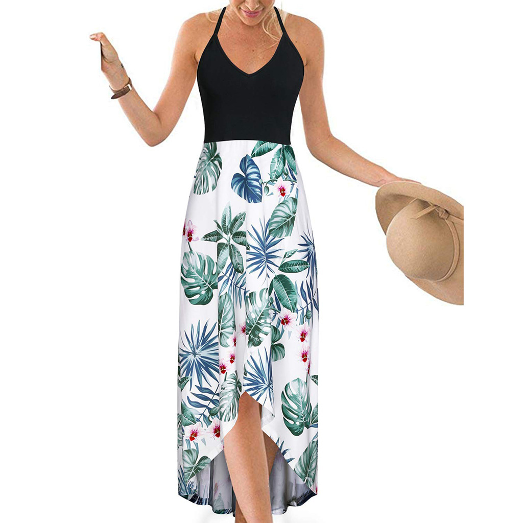 V-Neck Sleeveless Open-Back Colorblock Floral Print Maxi Dress