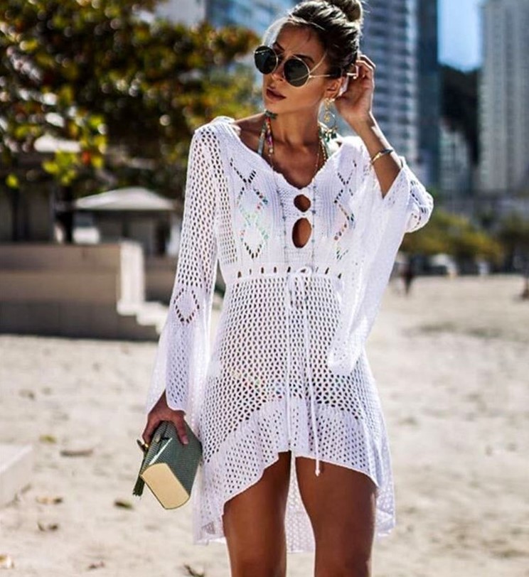 Women's Openwork Knit Flare-Sleeve Midi Dress