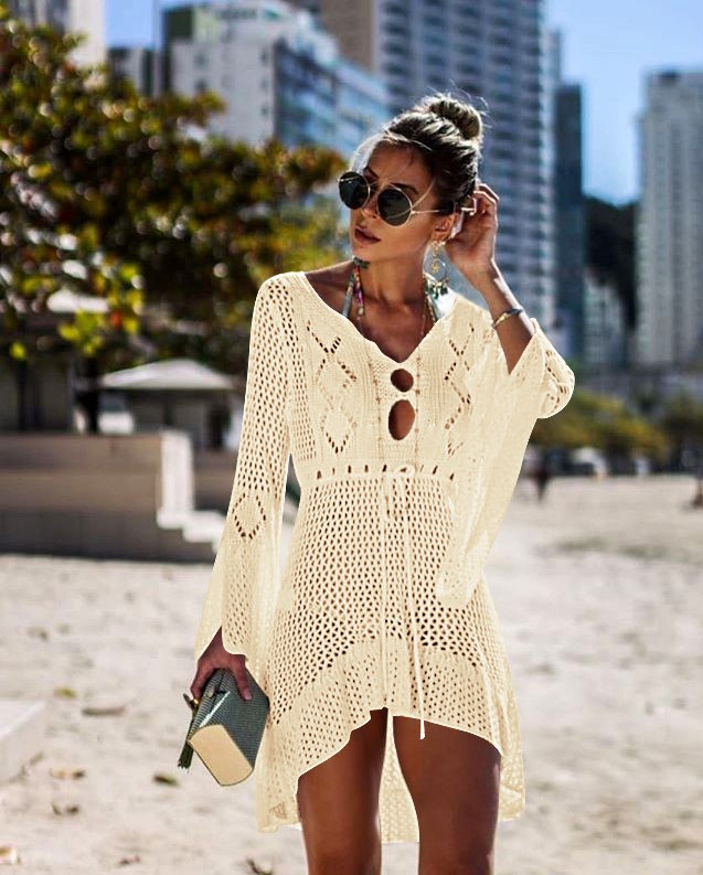 Women's Openwork Knit Flare-Sleeve Midi Dress