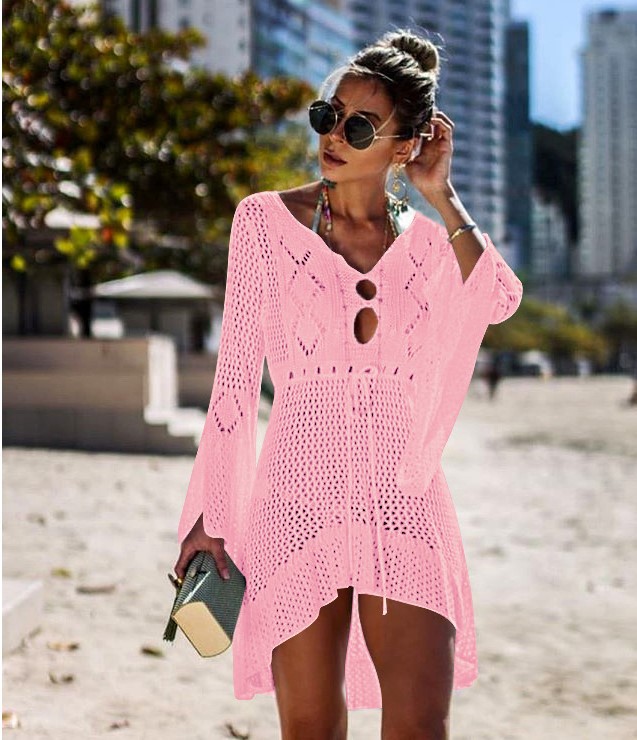 Women's Openwork Knit Flare-Sleeve Midi Dress