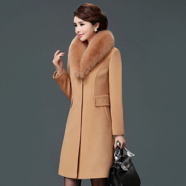 Women's Korean-Style Wool Coat with Fur Collar, Mid-Length Slim Fit