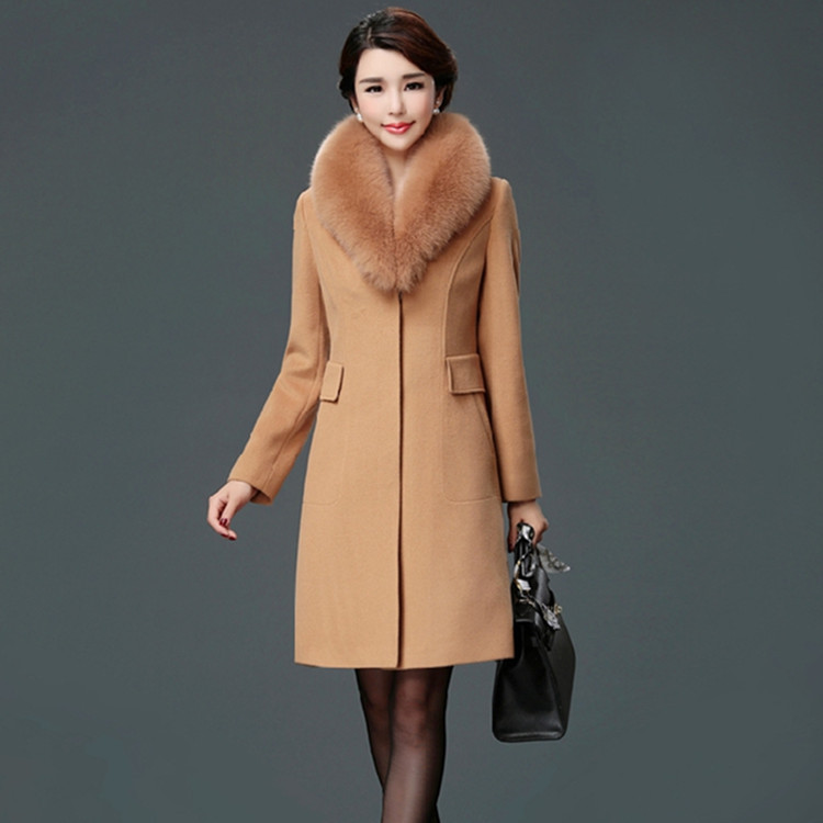 Women's Korean-Style Wool Coat with Fur Collar, Mid-Length Slim Fit