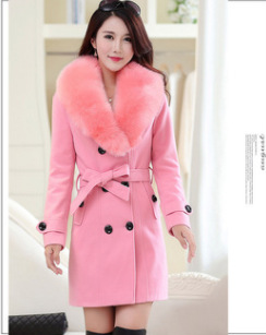 Women's Double-Breasted Wool Coat with Faux Fur Collar, Mid-Length Korean Style