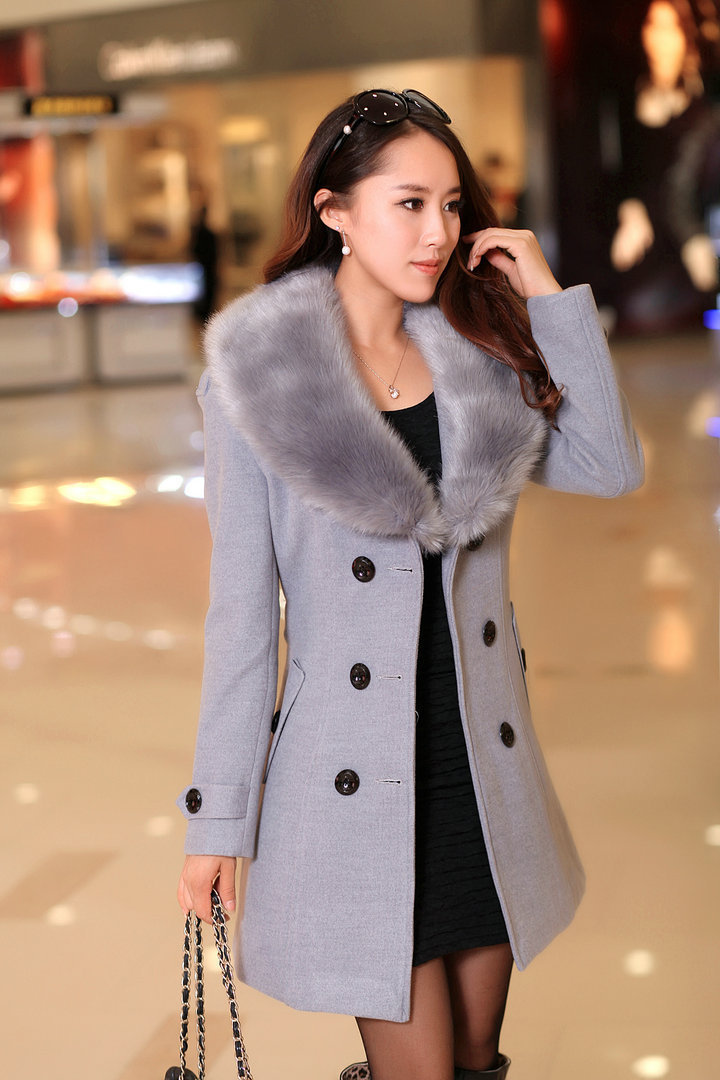 Women's Double-Breasted Wool Coat with Faux Fur Collar, Mid-Length Korean Style