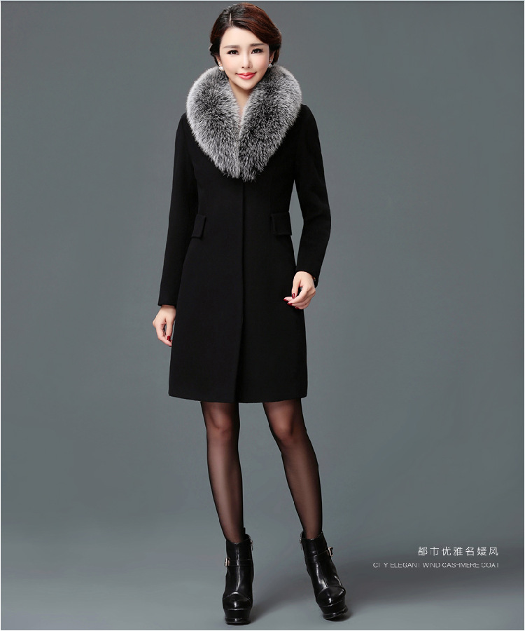Women's Korean-Style Wool Coat with Fur Collar, Mid-Length Slim Fit
