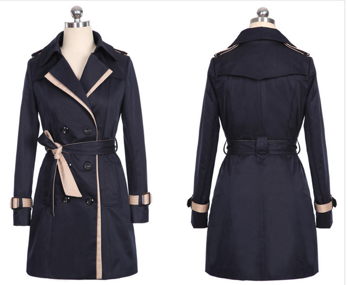 Women's Color-Block Double-Breasted Trench Coat with Suit Collar