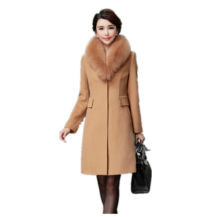 Women's Korean-Style Wool Coat with Fur Collar, Mid-Length Slim Fit