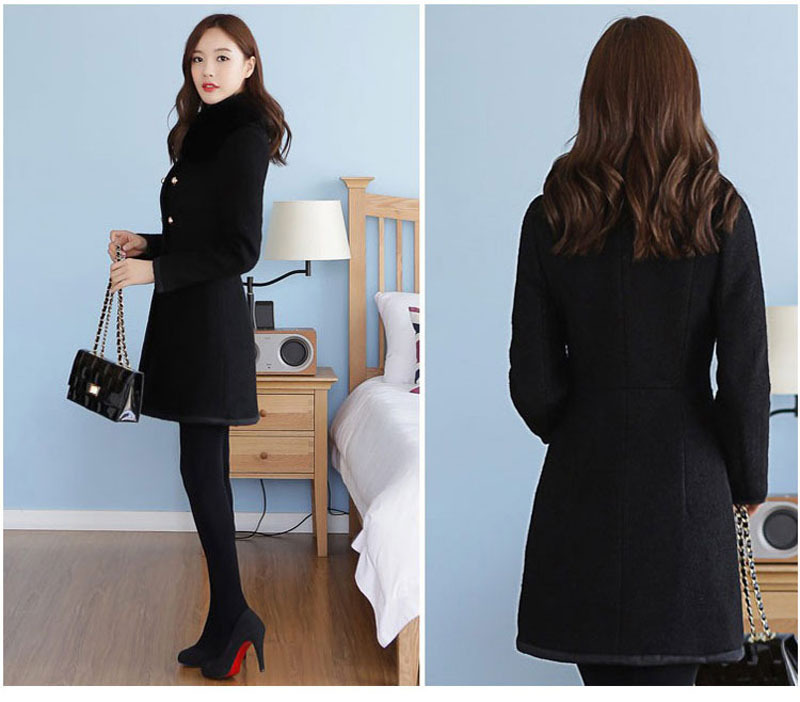 Women's Mid-Length Faux Wool Coat with Faux Fur Collar