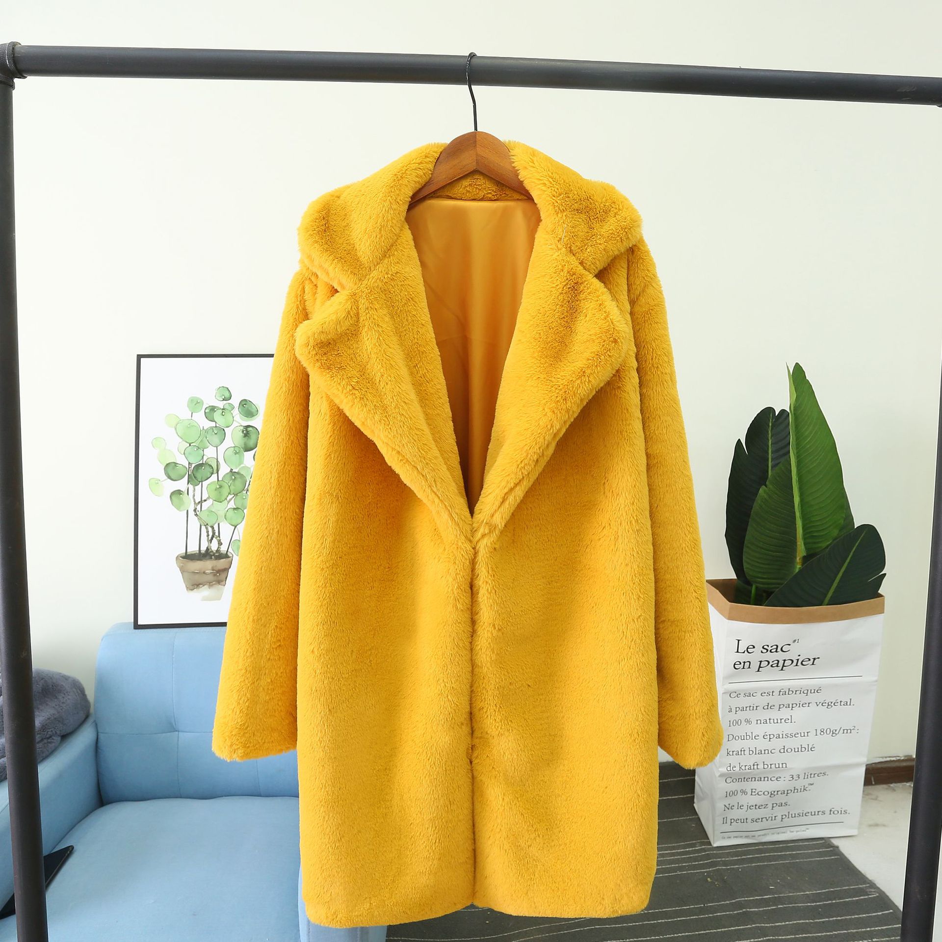 Faux Fur Blazer Coat Colorblock Mid-Length