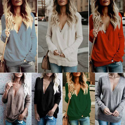 Women's Long Sleeve V-Neck Splice Loose Solid Color Top
