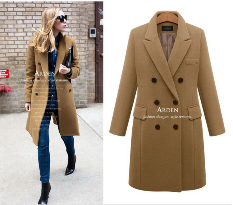 Women's Mid-Length Plus-Size Wool Coat Double-Breasted Solid Color