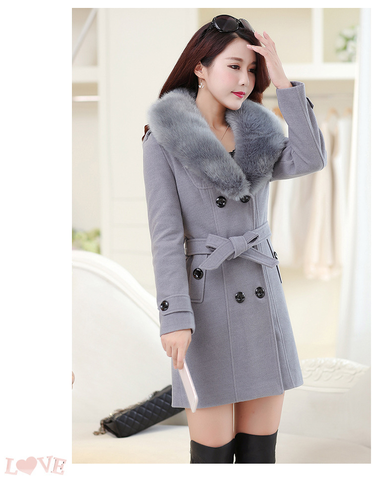 Women's Double-Breasted Wool Coat with Fur Collar, Mid-Length Plus Size