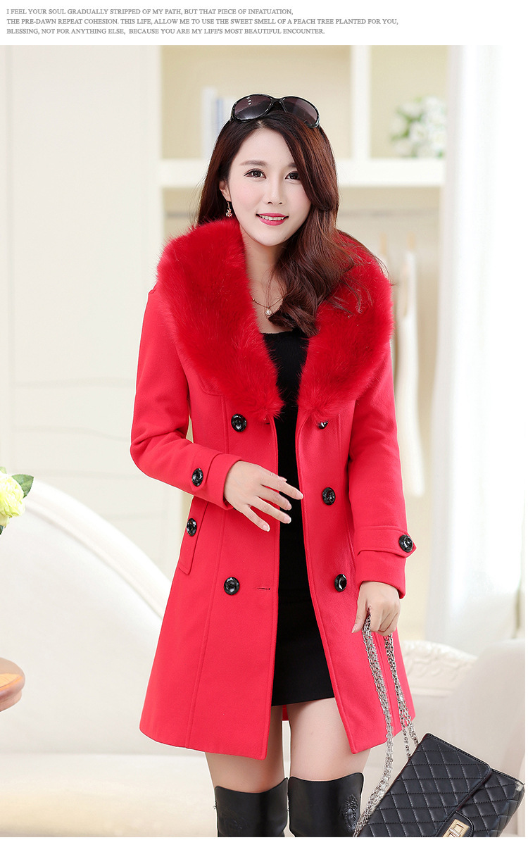 Women's Double-Breasted Wool Coat with Fur Collar, Mid-Length Plus Size