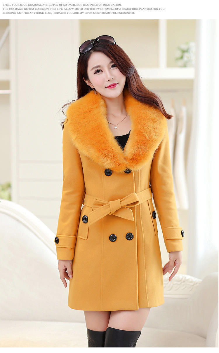 Women's Double-Breasted Wool Coat with Fur Collar, Mid-Length Plus Size