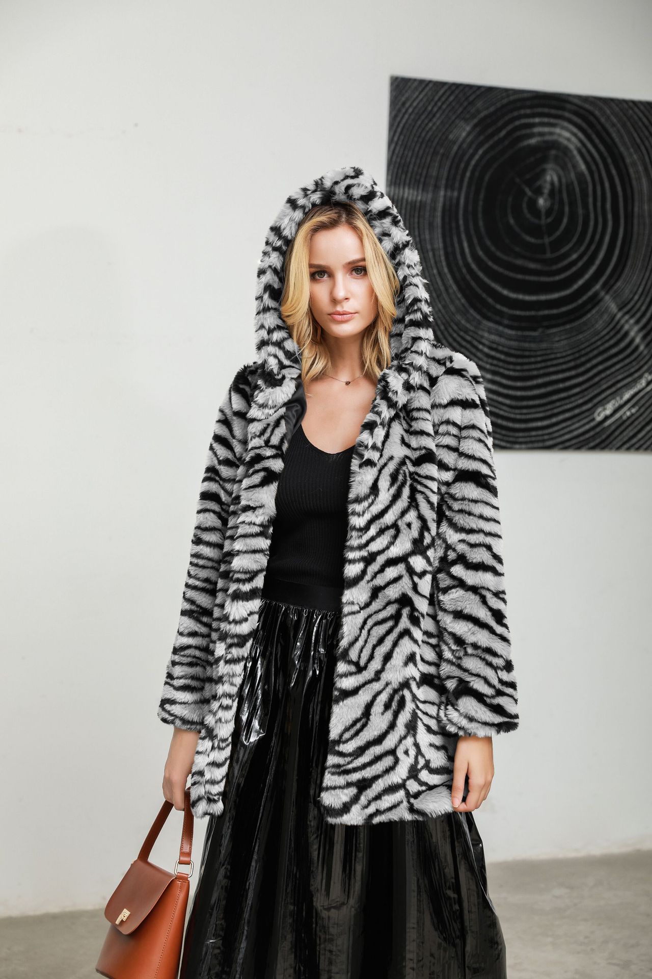 Women's Hooded Tiger Print Faux Fur Mid-Length Coat with Fur Trim
