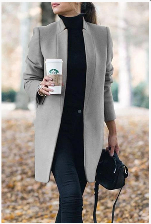 Women's Solid Color Stand Collar Wool Blend Coat