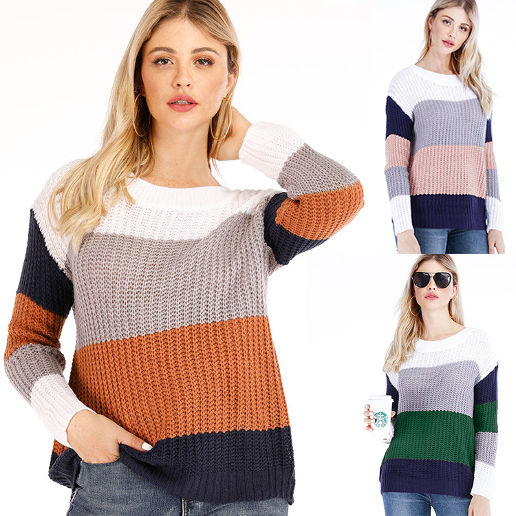Striped Pullover Sweater Womens Loose Plus Size Rainbow Knit Long Sleeve