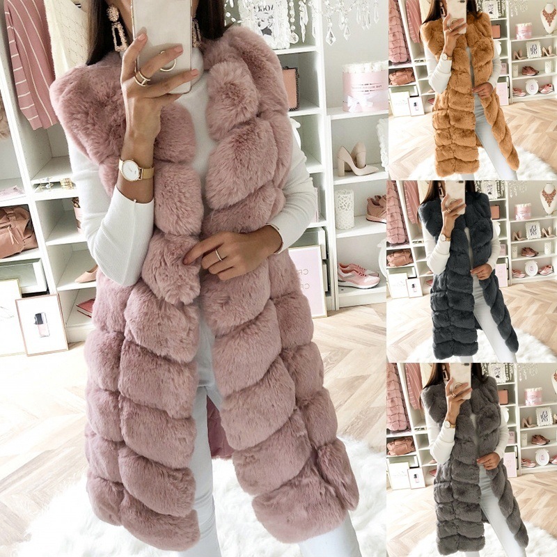 Faux Fur Sleeveless Long Vest Coat Fuzzy Warm Mid-Length