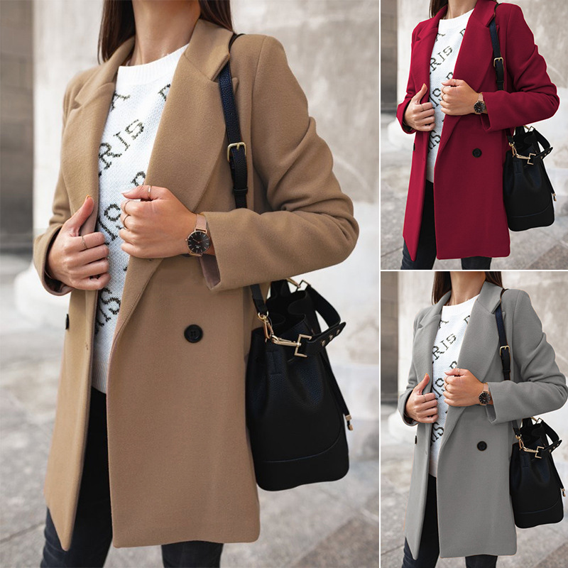 Women's Solid Color Long Sleeve Double-Breasted Blazer Collar Wool Coat