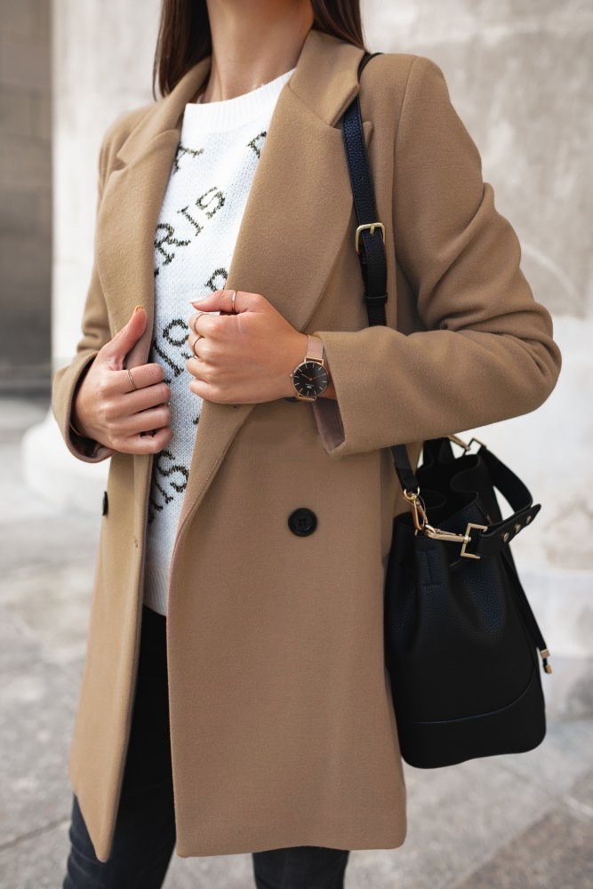Women's Solid Color Long Sleeve Double-Breasted Blazer Collar Wool Coat