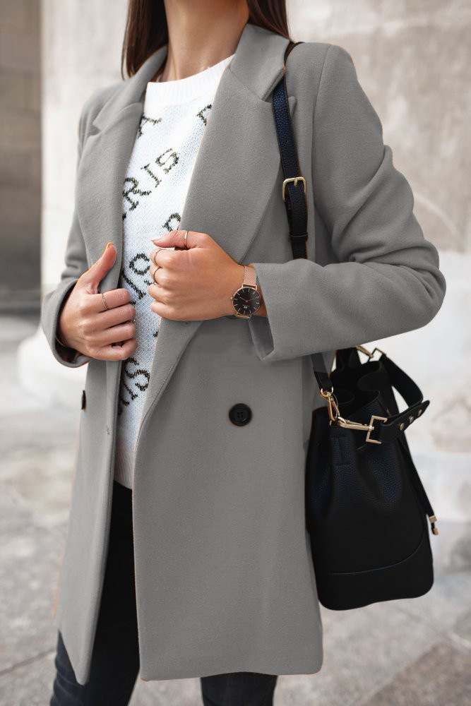 Women's Solid Color Long Sleeve Double-Breasted Blazer Collar Wool Coat