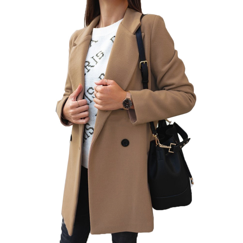 Women's Solid Color Long Sleeve Double-Breasted Blazer Collar Wool Coat