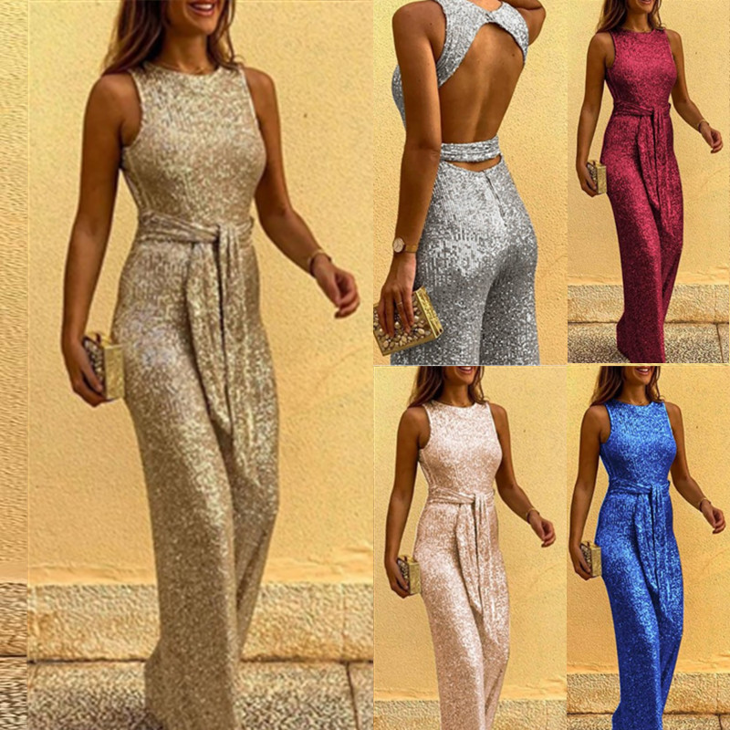 Women's Sleeveless Sequin Jumpsuit with Metallic Accents