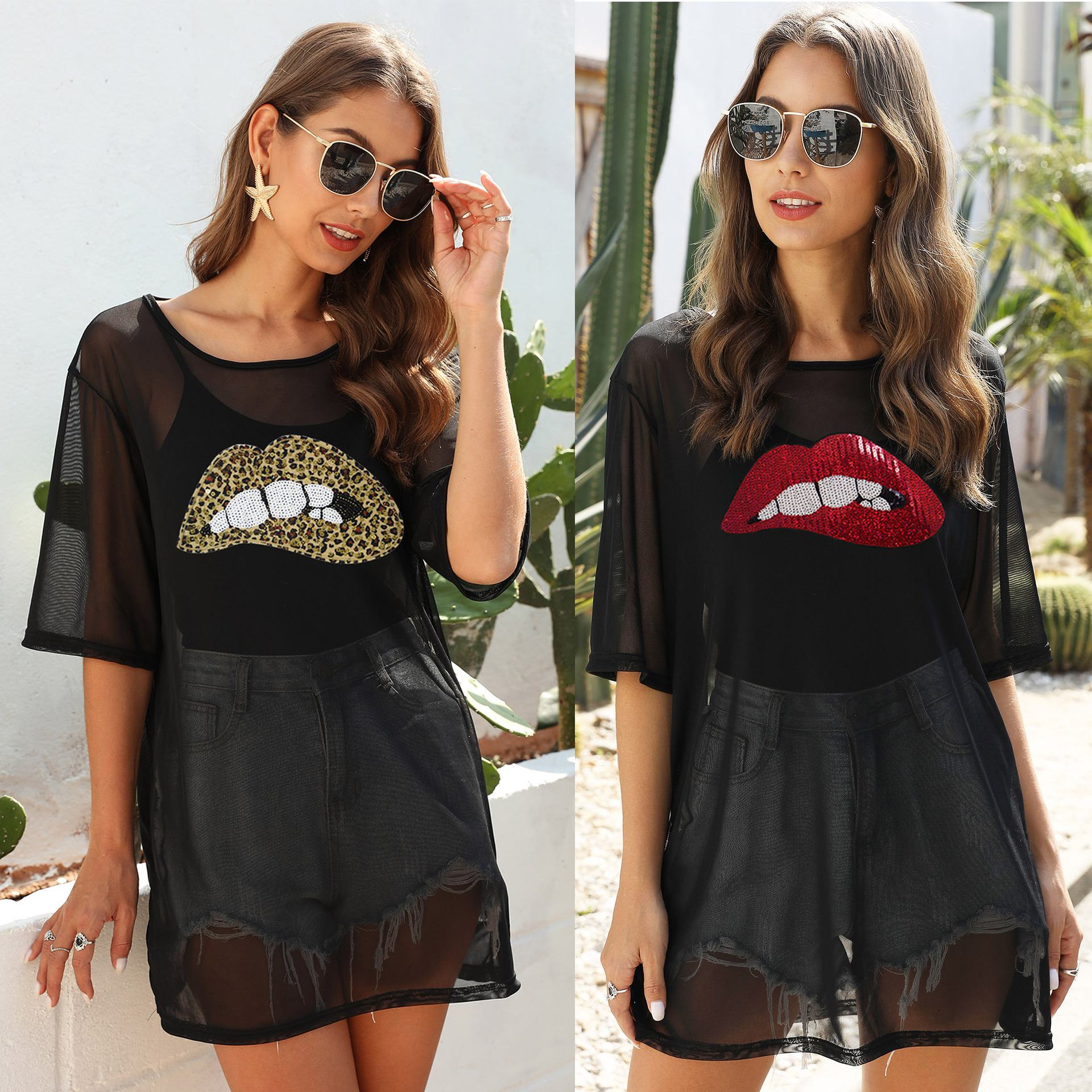 Sheer Mesh Sequin Lip Embroidered Applique Tee Cover-Up