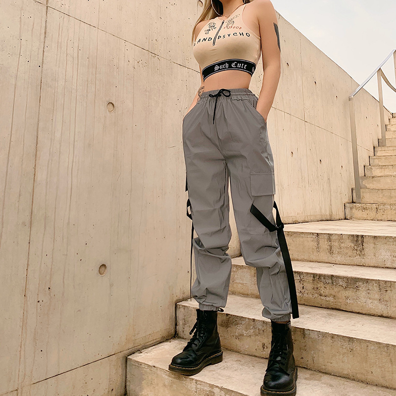 Women's High-Waist Reflective Cargo Pants with Drawstring
