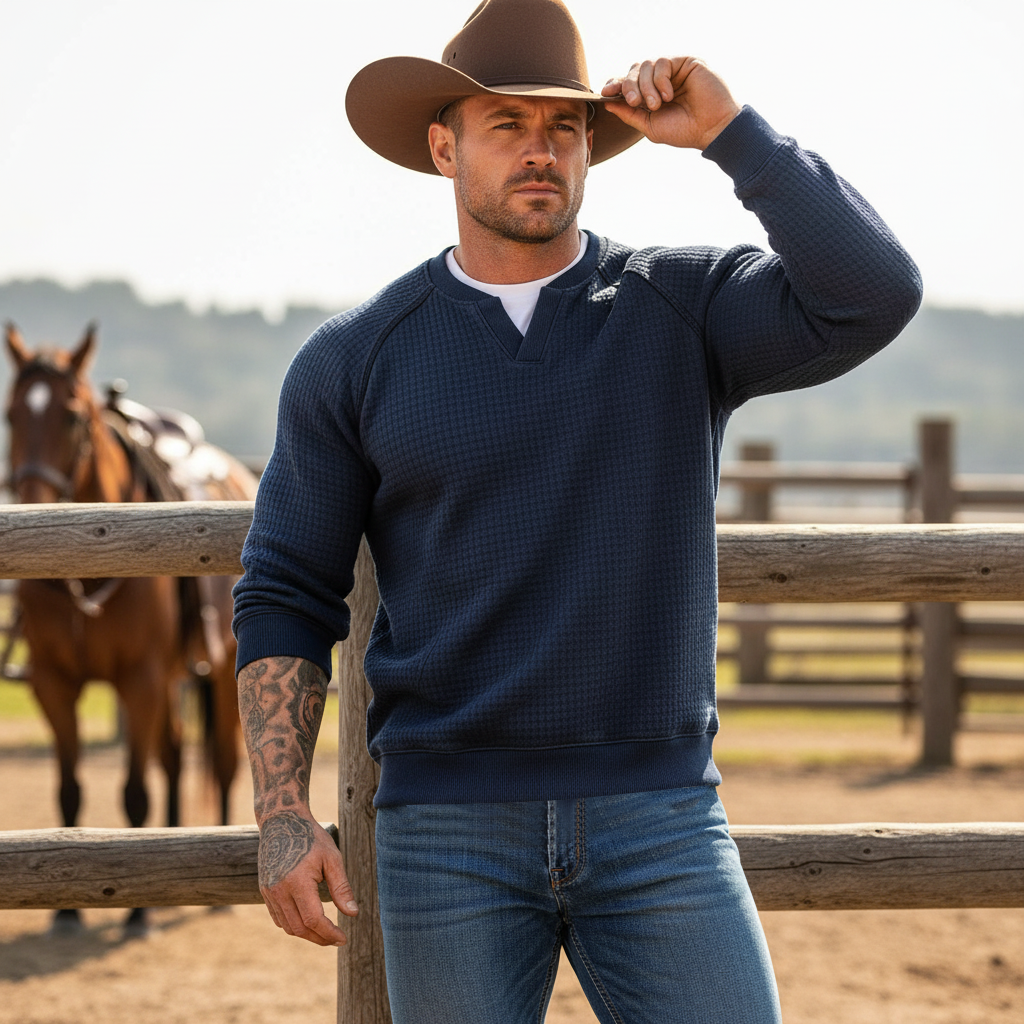 Men's Waffle-Knit Faux Two-Piece V-Neck Sweatshirt