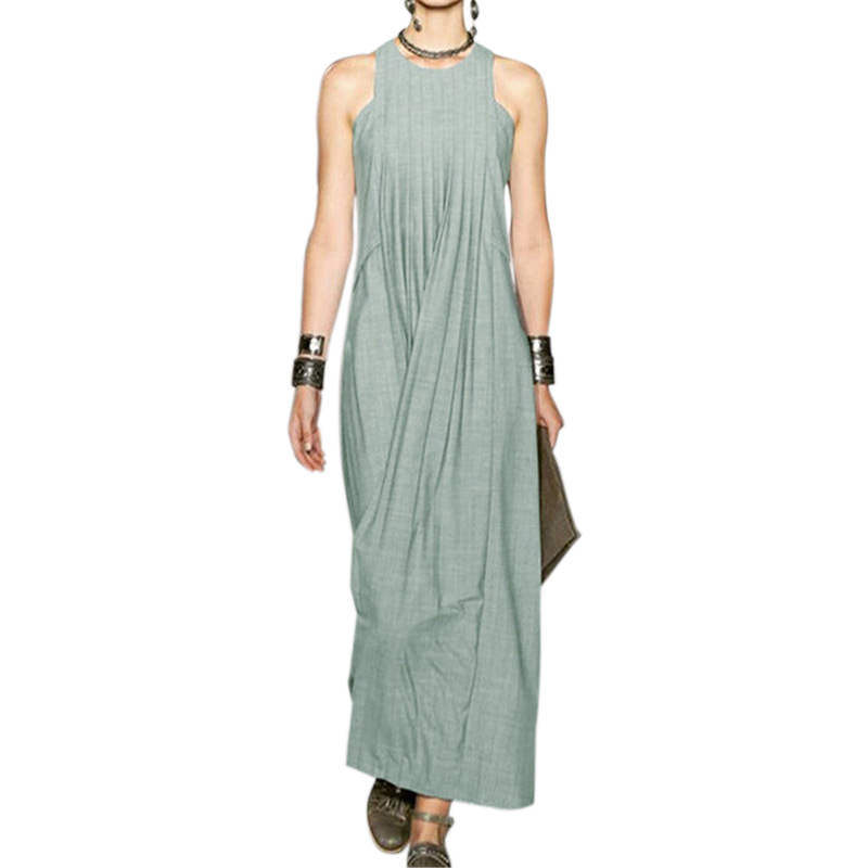 Women's Sleeveless Round Neck Long Solid Dress