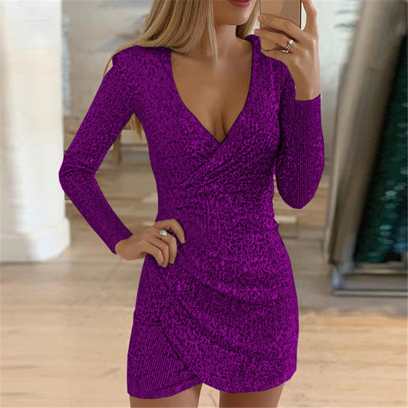 Women's Sexy V-Neck Sequin Bodycon Mini Dress with Irregular Hem
