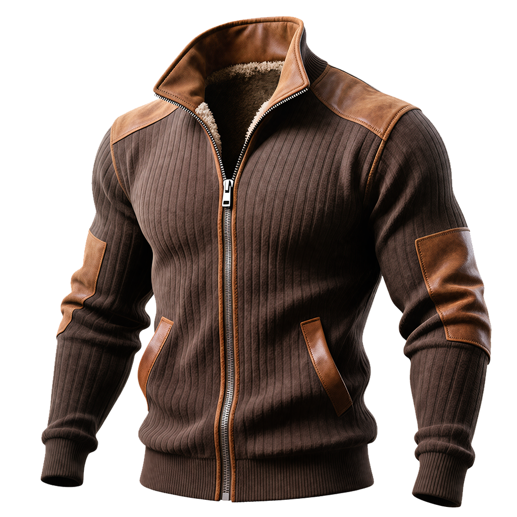 Brown Ribbed Zip-Up Jacket With Leather Accents