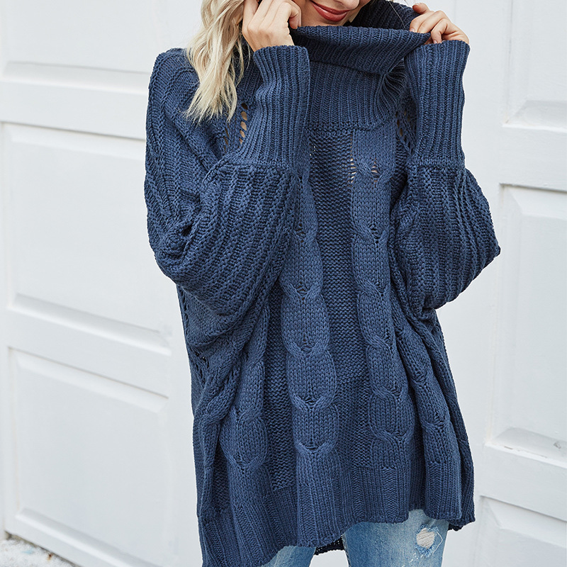 Cable-Knit Turtleneck Sweater with Batwing Sleeves, Loose Fit