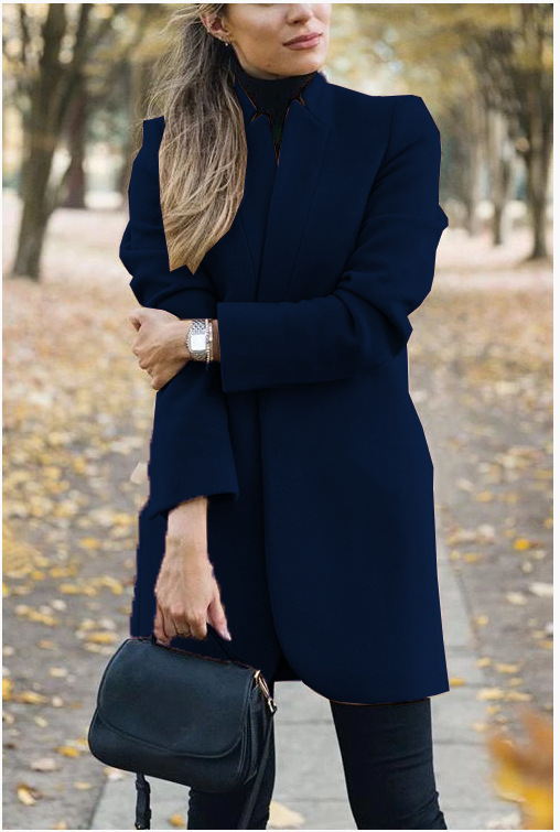 Women's Solid Color Stand Collar Wool Blend Coat