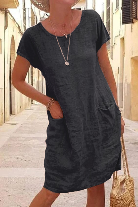 Women's Summer Loose Solid Color Cotton Linen Short Sleeve Round Neck Pocket Dress