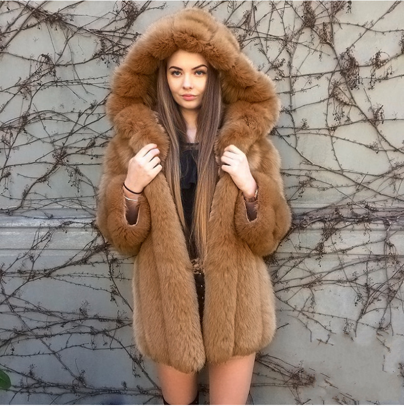 Faux Fox Fur Hooded Mid-Length Coat for Women