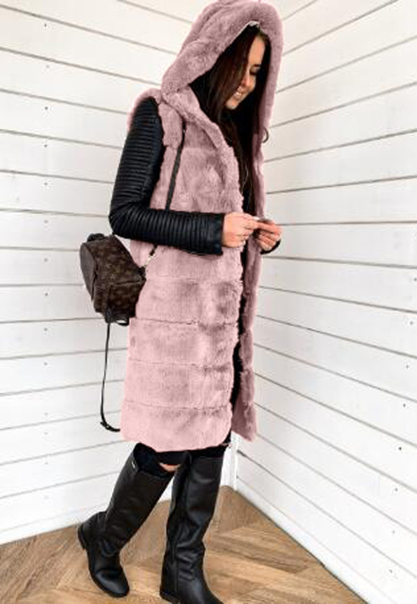 Women's Faux Fur Hooded Vest with Fur Trim, Mid-Long