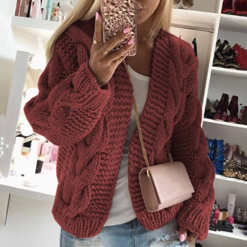 Women's Chunky Cable Knit Cardigan Sweater, Loose V-Neck Long Sleeve