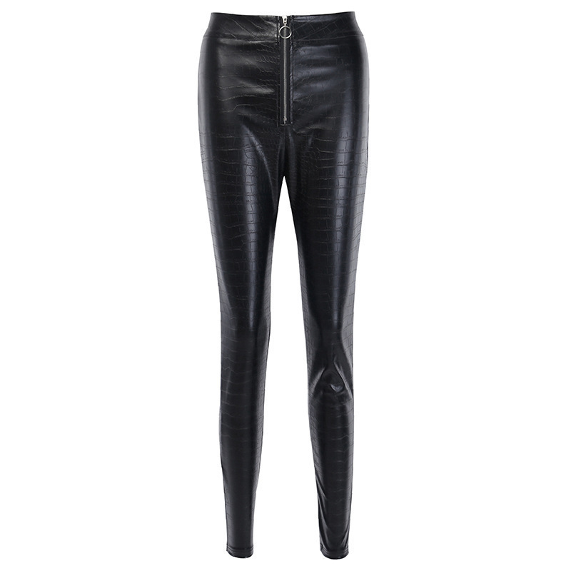 High-Waisted Crocodile-Embossed Faux Leather Skinny Pants for Women