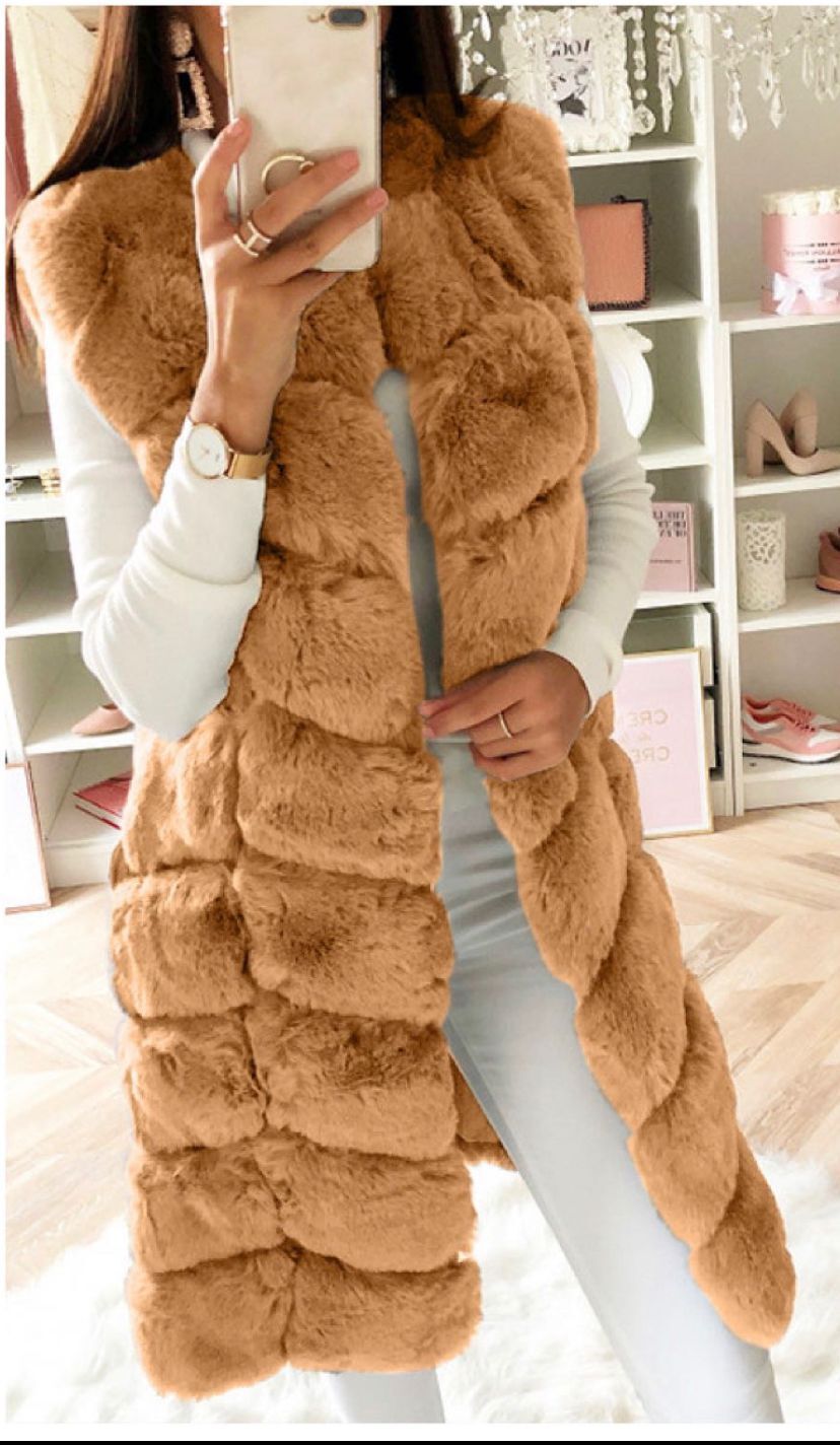 Faux Fur Sleeveless Long Vest Coat Fuzzy Warm Mid-Length