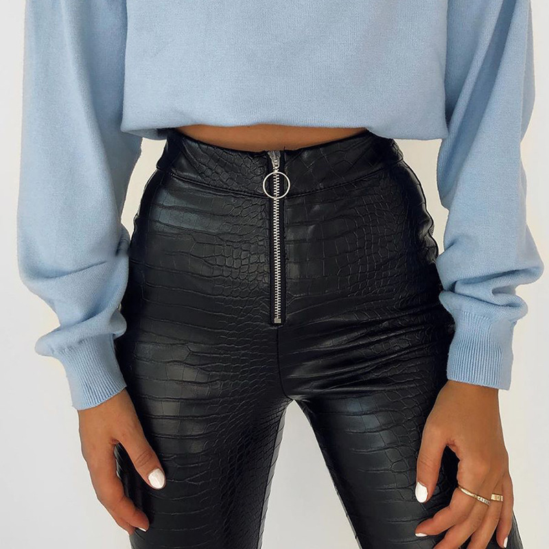 High-Waisted Crocodile-Embossed Faux Leather Skinny Pants for Women