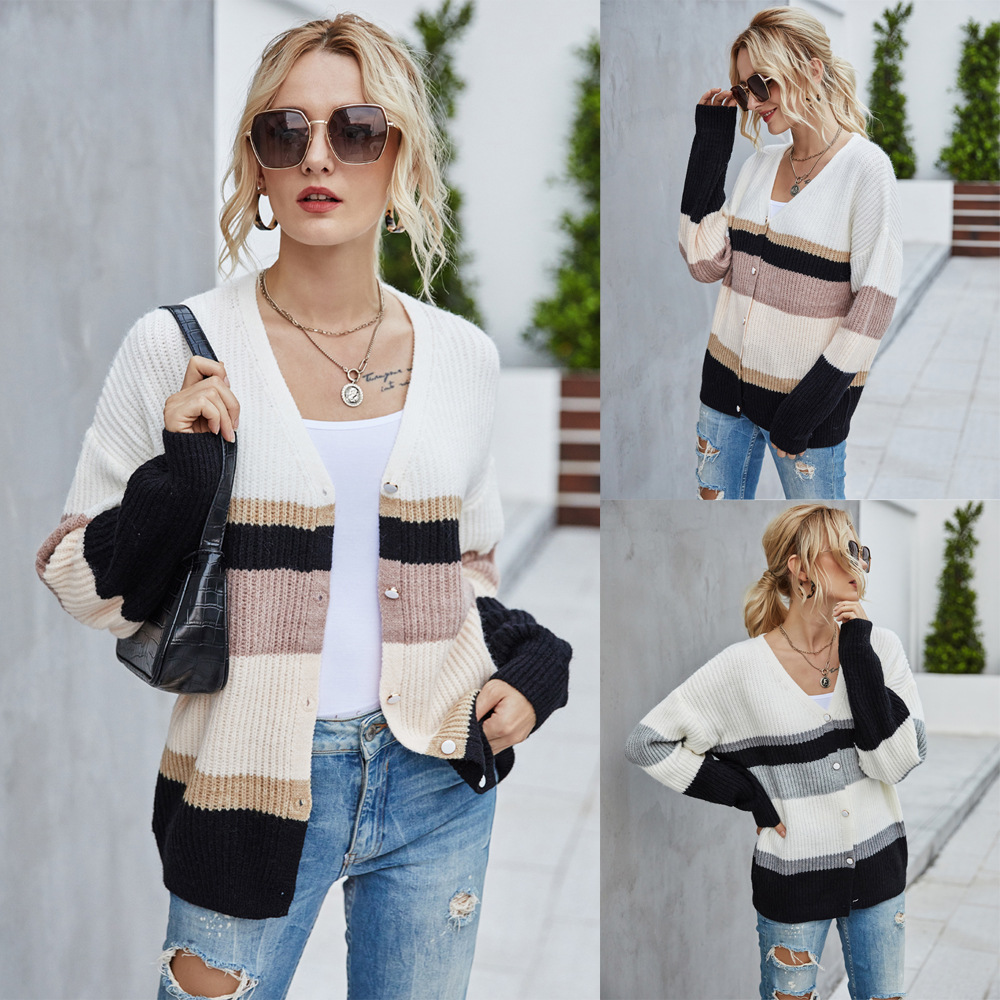 Women's Plus Size Striped Cardigan Sweater Knit Jacket