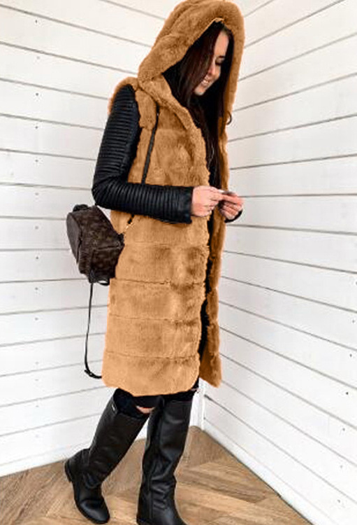 Women's Faux Fur Hooded Vest with Fur Trim, Mid-Long