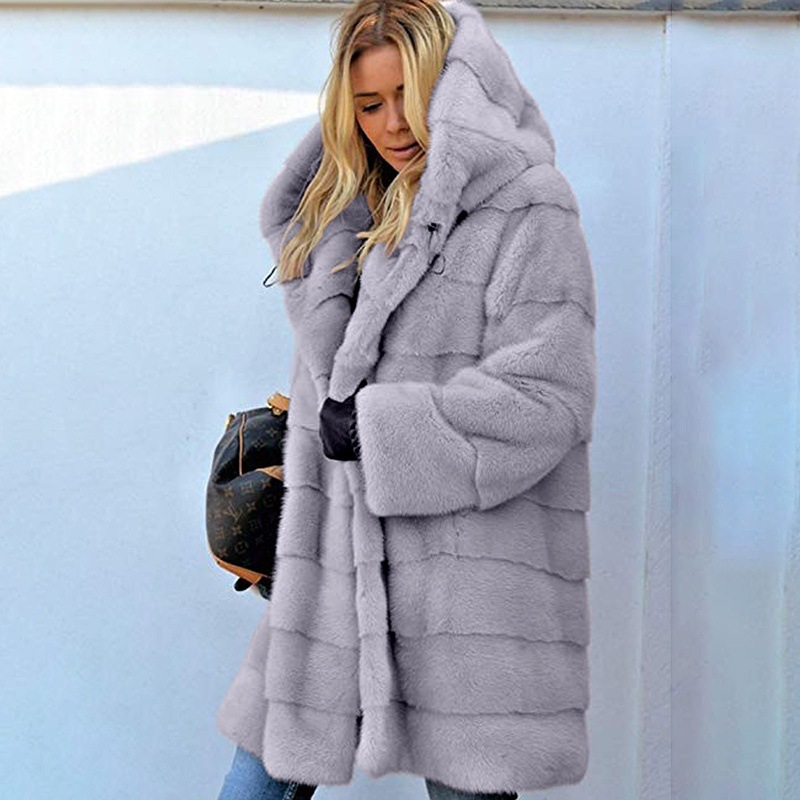 Mid-Length Solid Faux Fur Hooded Coat Loose Warm Casual