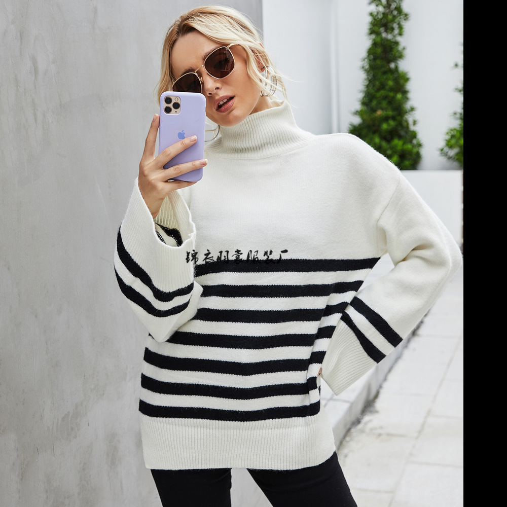 Women's Oversized Striped Knit Pullover Sweater with Flared Sleeves